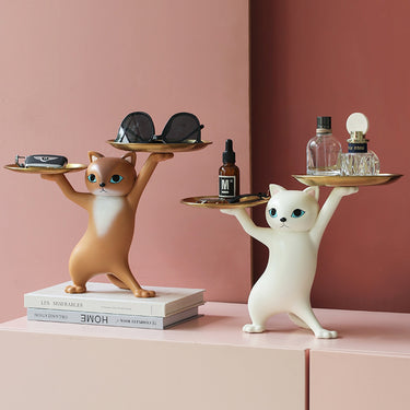 Resin Cat Statue Dual-Tray Organizer for Keys, Jewelry & Snacks